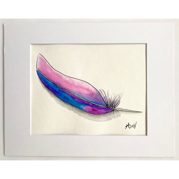 Softly Laid - Original Wall Art Watercolor Feather Painting 11"x14" Matted Decor - Picture 2 of 8